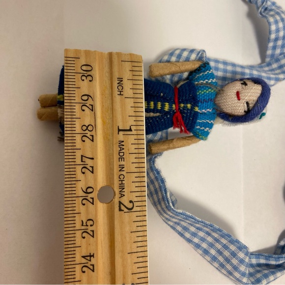 Vintage Folk Art Asian DOLL Fabric Handmade Cloth Necklace Blue Check Tie - Picture 10 of 15